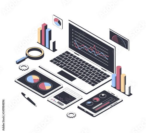 Data analysis concept, business strategy, stock market. Laptop with chart, smartphone with diagram, clipboard with pen isolated on white background. Isometric vector illustration