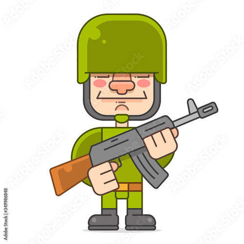 Soldier With Machine Gun Helmet War Uniform Standing, Vector Cartoon.