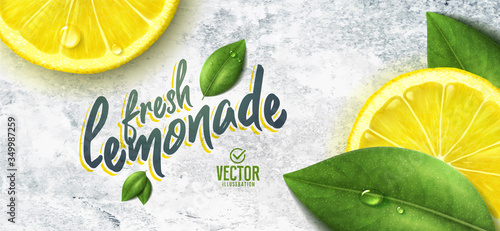 Vector realistic lemon illustration and leaves on white stone background