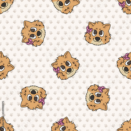 Hand drawn cute pomeranian breed puppy face with pink bow seamless vector pattern. Purebred pedigree domestic dog on paw background. Dog lover spitz pet all over print. Kennel pooch. EPS 10. 