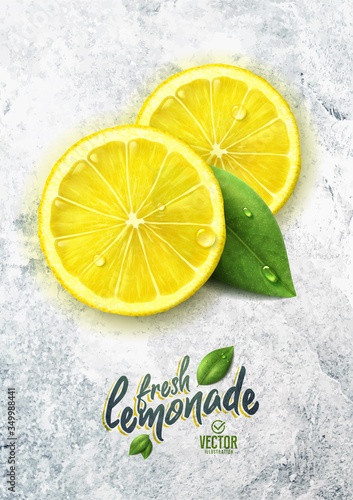 Vector realistic lemon illustration and leaves on white stone background