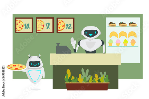 Two robots in a pizzeria serves people. Replacing human labor and modern technologies in the service sector concept. The robot replaced a person at the checkout in a restaurant