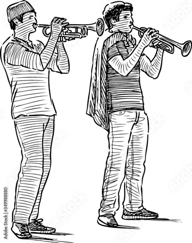 Freehand drawing of a duet of young trumpeters playing outdoors