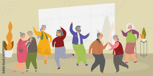 Old people dance flat vector illustration. Elderly men and women actively spend time. Grandfather and grandmothers leisure concept, pensioners disco in the park. Senior people have fun in nursing home