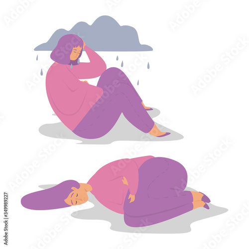 Mental disorders flat vector illustration. Concept of depression and sad mood, despair, anxiety, stress, disorder, fatigue. Woman, girl unhappy or upset. People mental illness after stressful life.