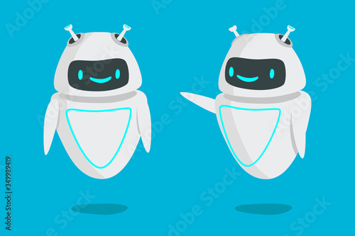 Robot flat vector illustration. Digital advisor, cyborg operator, chatterbox concept. Replacement of human labor, automation of support services. Robot in two positions standing with raised hand