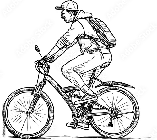Freehand drawing of casual townsman rides a bicycle on a stroll
