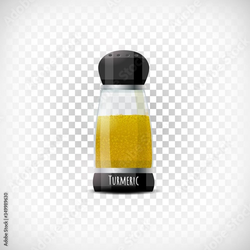 Vector illustration. Transparent spice herb container icon. Curcuma shaker mockup. Realistic effect. Lettering Turmeric. Design element on transparent background.