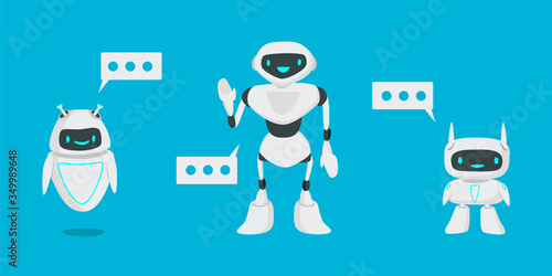 Chat bot, robot assistance flat vector illustration. The concept of digital advisor, cyborg operator, chatterbox. Replacement of human labor, automation of support services. Set of different robots.