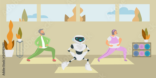 Robot together with the elderly man do exercises flat vector illustration. Robot assistant for handicapped, futuristic elderly care concept. Replacement of human labor, medicine automation.