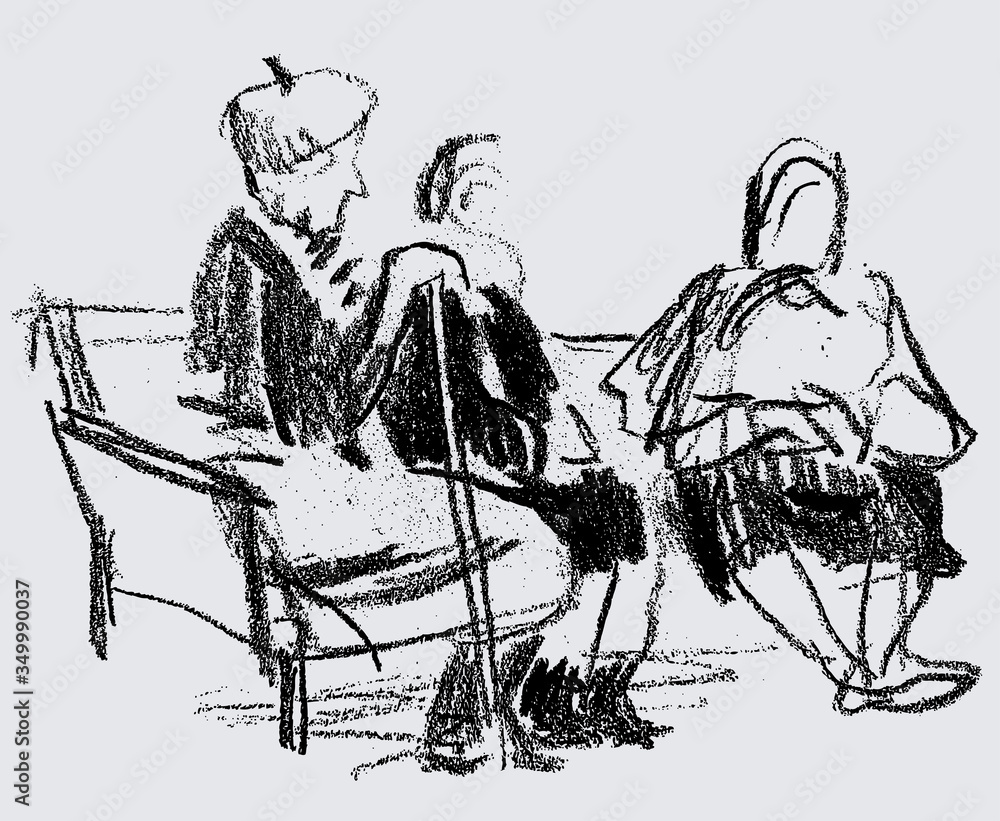 Sketch of three old woman sitting on park bench and talking