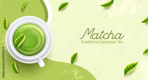 Matcha latte cup on green background from above. Vector illustration