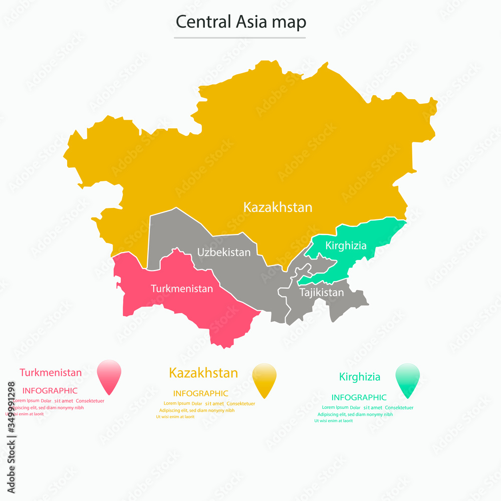 Map of Central Asia divided by state borders. Part of Asian continent ...