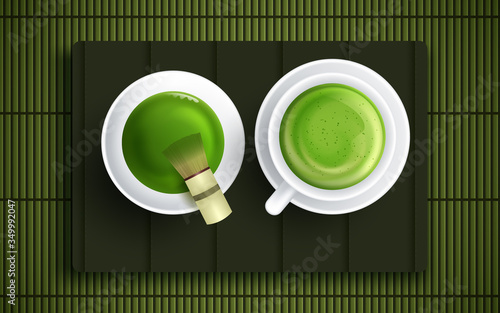 Green tea matcha in a white cup on the brown mat close-up. Vector illustration