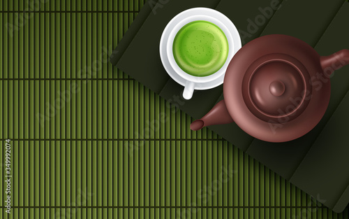 Green tea matcha in a white cup on the brown mat close-up. Vector illustration