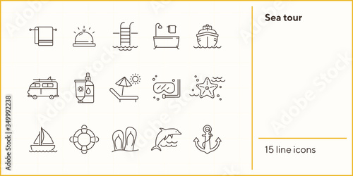 Sea tour line icon set. Cruise liner, towel, bath, dolphin. Summer vacation concept. Can be used for topics like travel, trip, activities