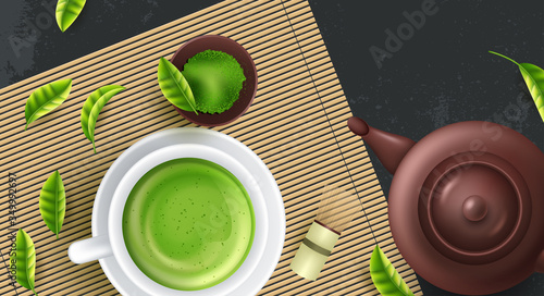 Healthy green matcha tea in bowl. Vector illustration