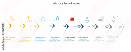 Eight paper white overlapping arrows placed in horizontal row. Concept of 8 successive steps of progressive business development. Simple infographic design template. Abstract vector illustration.