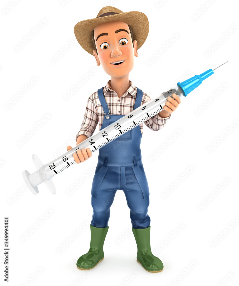 3d farmer standing and holding syringe 3d farmer standing and holding syringe