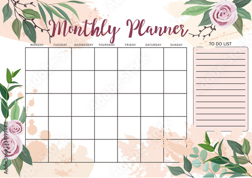 Monthly Planner and To Do List with pastel orange brush strokes, roses and ge...
