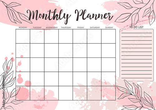 Monthly Planner and To Do List with pastel pink brush strokes and line style leaves