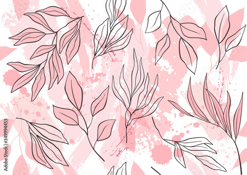 Seamless pattern with abstract pastel pink brush strokes and line style leaves