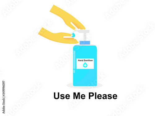 Flat design hand sanitiser gel, text use me please, hygiene antibacterial hand sanitizer isolation white background, protection from germs virus covid-19 or coronavirus use for sign poster 