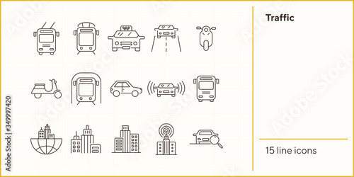 Traffic line icon set. Taxi, car, subway, downtown. Transport concept. Can be used for topics like vehicle, city, urban traffic, commuting