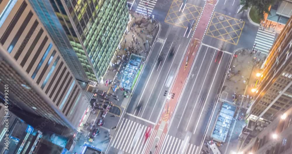 Aerial Hyperlapse of busy early evening at Paulista avenue showing cars and pedestrian traffic in Sao Paulo Brazil