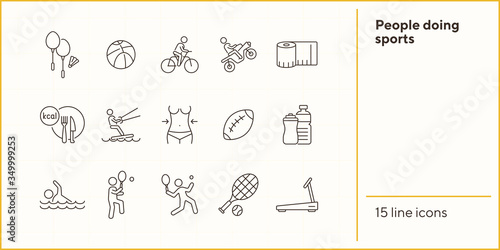 People doing sports line icon set. Tennis, cycling, diet. Healthy lifestyle concept. Can be used for topics like physical activity, training, leisure