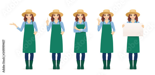 Smiling gardening farmer woman in apron and straw hat standing with different gestures isolated vector illustration