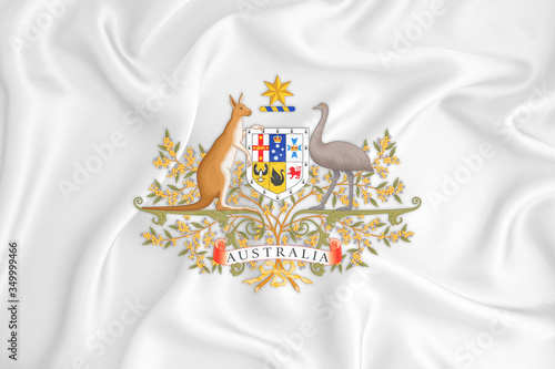 A developing white flag with the coat of arms of Australia. Country symbol. Illustration. Original and simple coat of arms in official colors and the right proportion