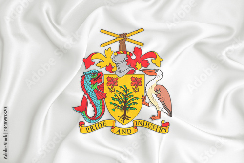 A developing white flag with the coat of arms of Barbados. Country symbol. Illustration. Original and simple coat of arms in official colors and the right proportion