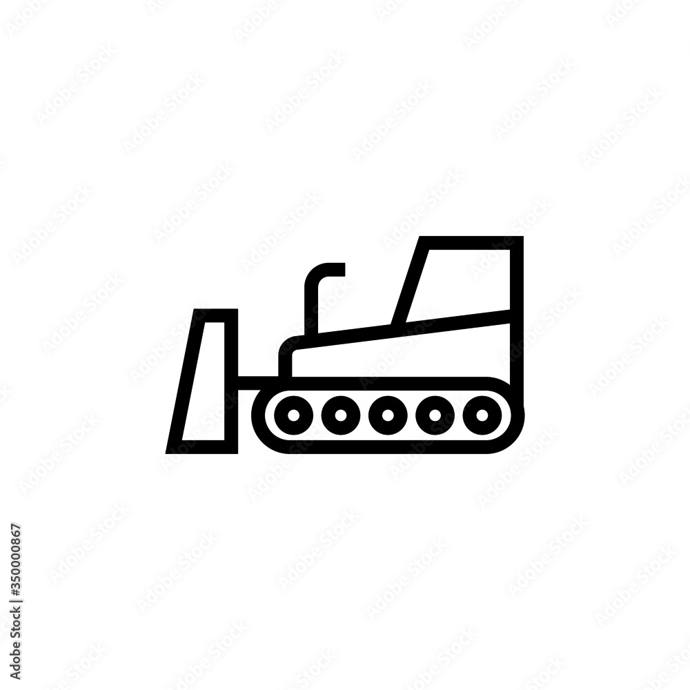 Bulldozer vector icon, Flat vector bulldozer icon symbol sign in outline, lineart style on white background Bulldozer vector icon, Flat vector bulldozer icon symbol sign in outline, lineart style on white background