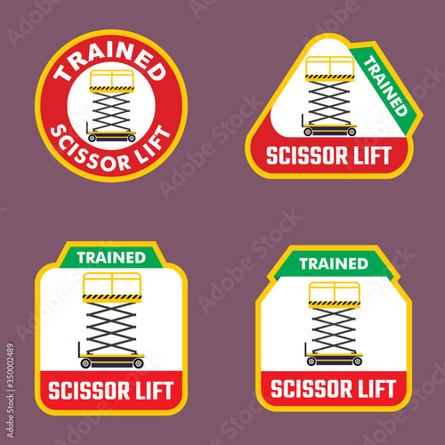 Trained scissor lift operator sticker design for attach at safety helmet. Construction project and industrial.