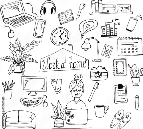 work at home doodle office home office supplies laptop smartphone watch notepads stationery sofa flowerpot cactus clipart lineart, hand drawing