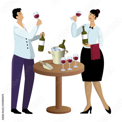 Woman and man sommeliers trie wine from glasses and holds bottles in hands, standing near table with accessories for degustation