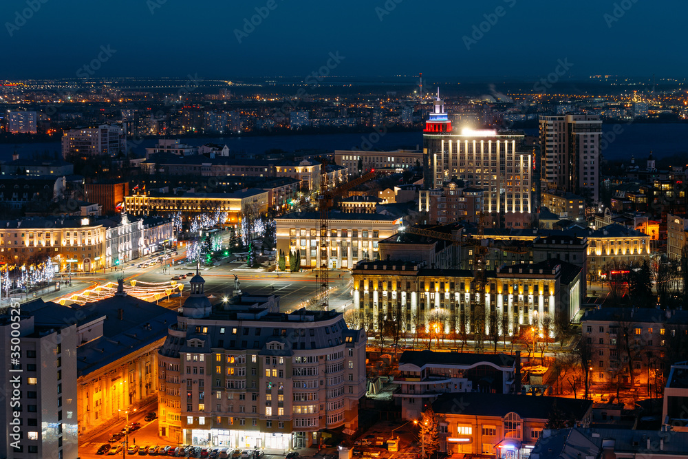 Night Voronezh downtown skyline, aerial view from rooftop
