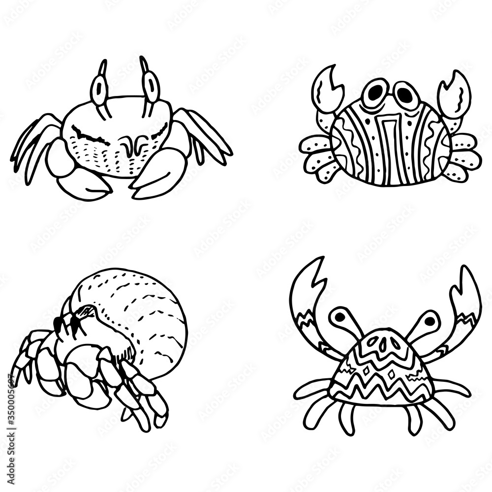 Crab sticker set on white isolated backdrop. Tribal crab for invitation and gift card, tattoo parlor or seafood store logo, bath tile. Phone case or cloth print. Doodle style stock vector illustration Crab sticker set on white isolated backdrop. Tribal crab for invitation and gift card, tattoo parlor or seafood store logo, bath tile. Phone case or cloth print. Doodle style stock vector illustration