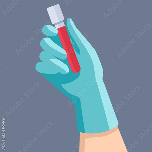 Hand in latex surgical glove on grey backdrop. Blood test tube for social banner, web element, health care promo, medical poster. Chemist shop logo or info card. Flat style stock vector illustration