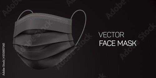 Surgical black face mask, vector illustration. Virus protection medical mask, isolated on black gradient background in a side view. Disease protective disposable mask with elastic ear loop band.