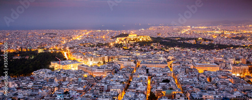 cityscape of Athens in early morning with the Acropolis seen from Lycabettus Hill, the highest point in the city