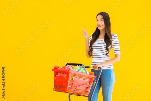 Portrait beautiful young asian woman shopping grocery from supermarket and cart