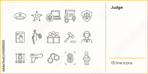 Judge line icon set. Sheriff badge, judge gavel, suspect, gun. Justice concept. Can be used for topics like crime, trial, courthouse