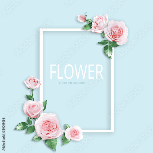 Pink rose frame card decoration on the blue floor