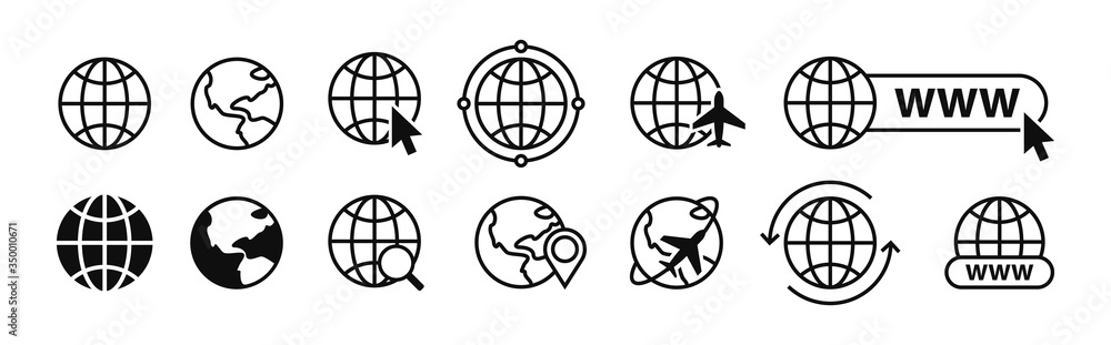 Set of globe icons. Collection of www web icons. Mobile app and website, business icons. Vector illustration. Set of globe icons. Collection of www web icons. Mobile app and website, business icons. Vector illustration.