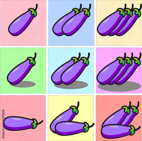 Long, bulbous, bright purple eggplant one two three set with shadows and different position