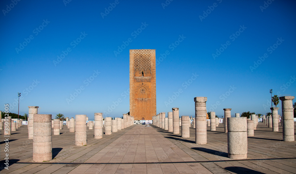 Begun in 1195 and originally intended to be the tallest minaret in the world, Hasan Tower rises 140 ft above the 348 columns   of the unfinished mosque in Rabat, Morocco.