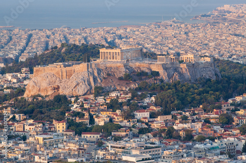 cityscape of Athens in early morning with the Acropolis seen from Lycabettus Hill, the highest point in the city