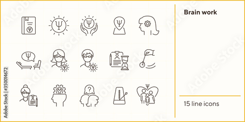 Brain work line icon set. Human head, gear, psychologist office. Psychology concept. Can be used for topics like psychoanalysis, mental activity, science